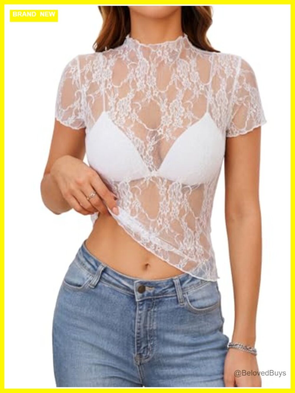 Rooscier Sheer Lace Mesh See Through Mock Neck Short Sleeve Fitted Top